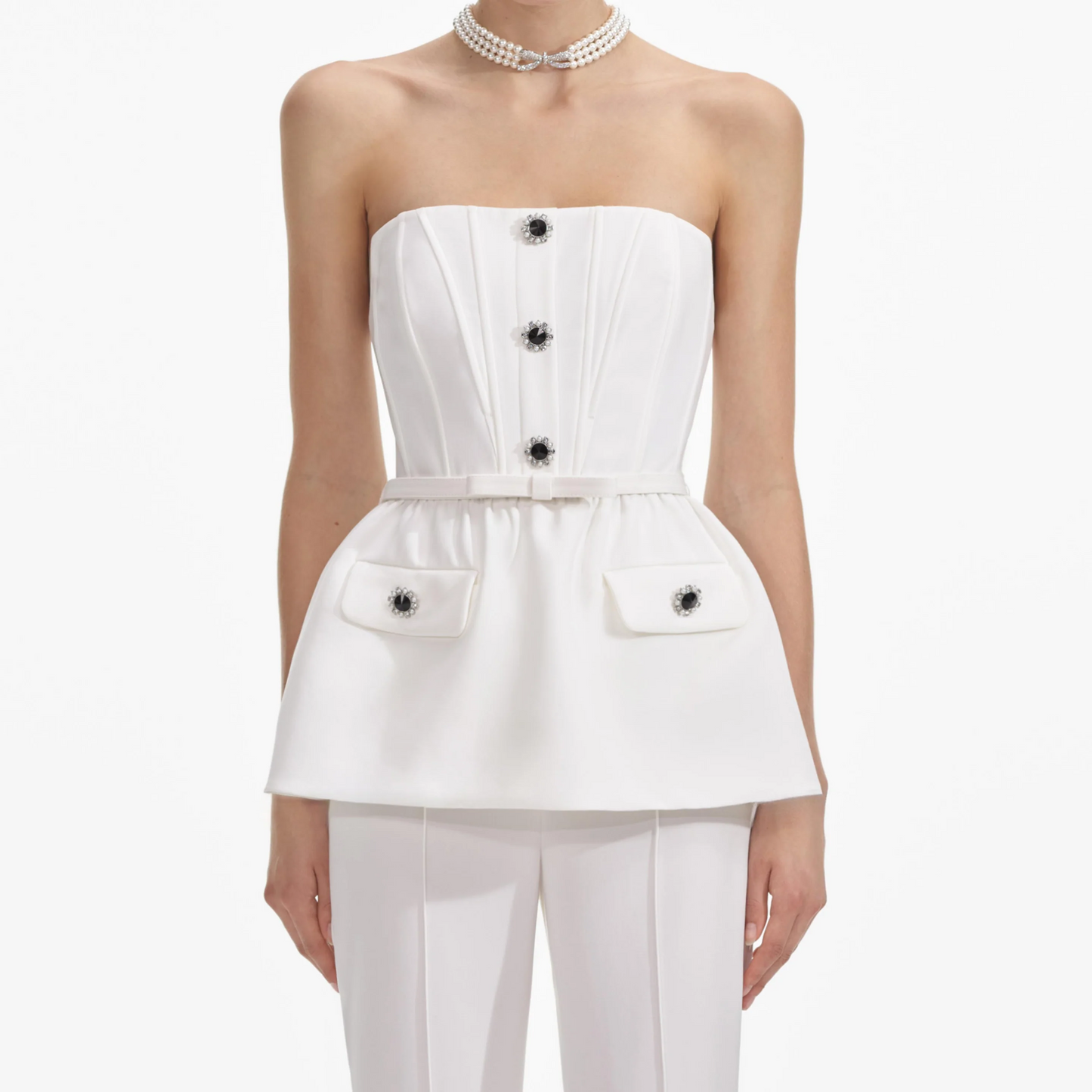 SP Black & White Stretch Crepe Peplum Bandeau Jumpsuit