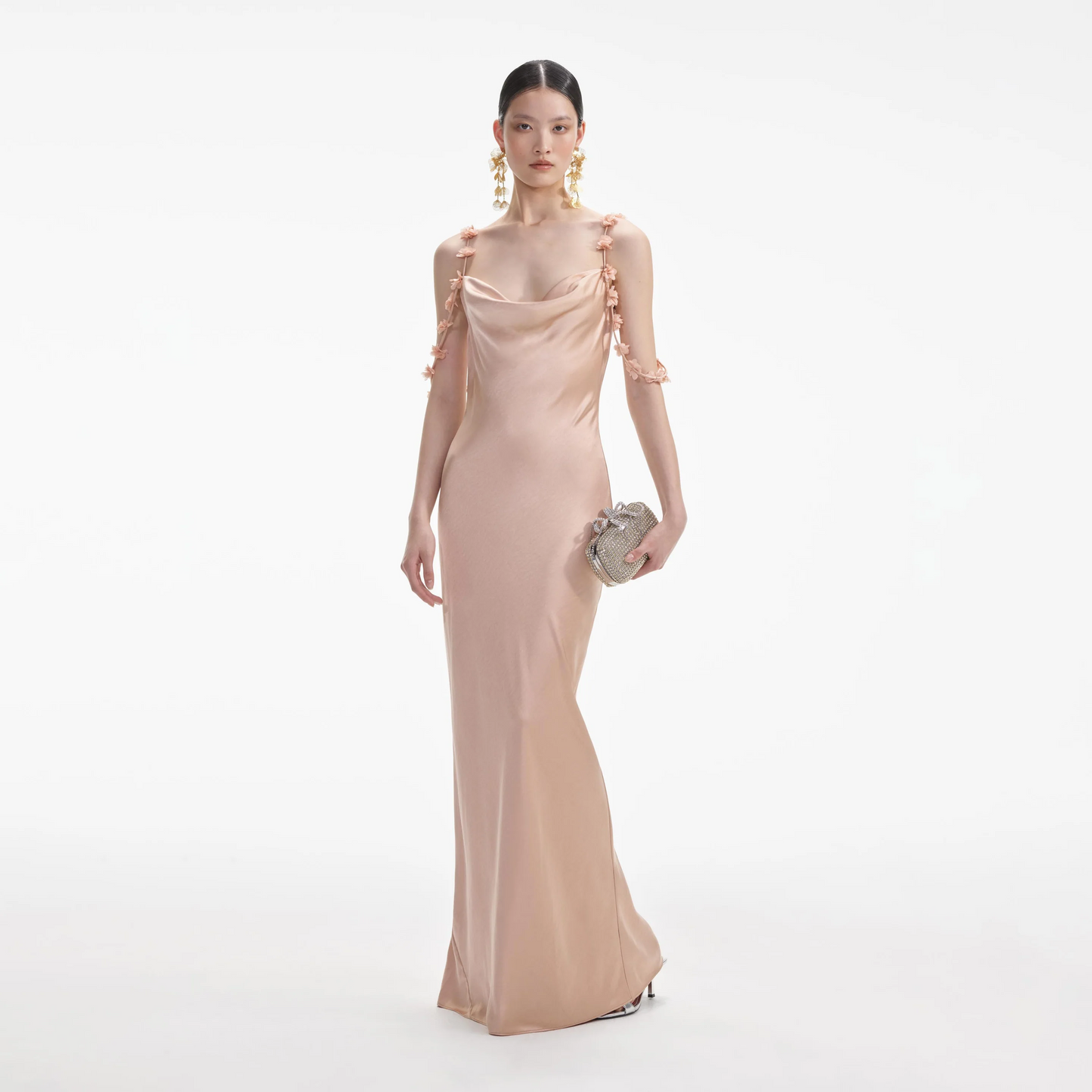 SP Satin Flower Maxi Dress in Rose Gold, Green, Yellow