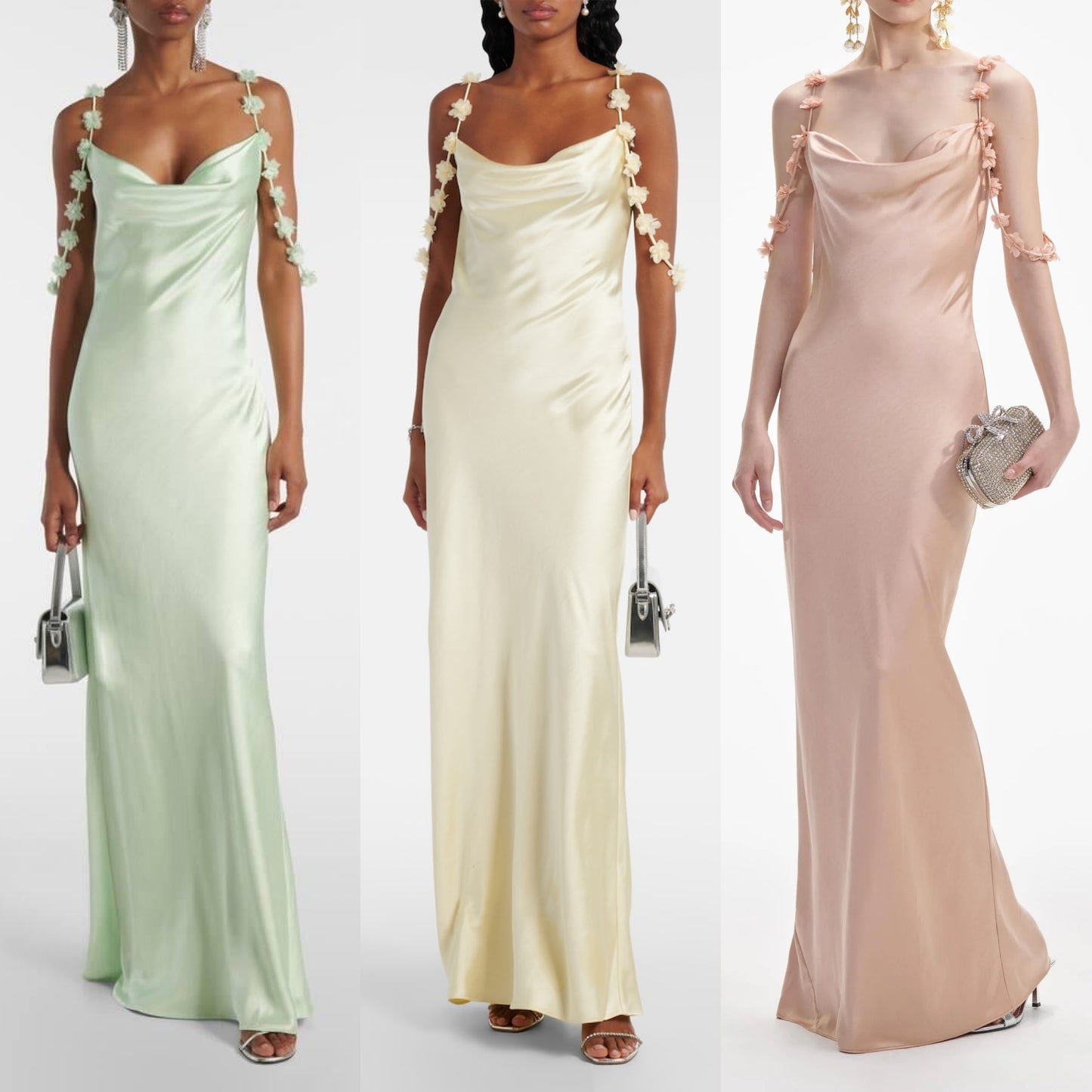 SP Satin Flower Maxi Dress in Rose Gold, Green, Yellow
