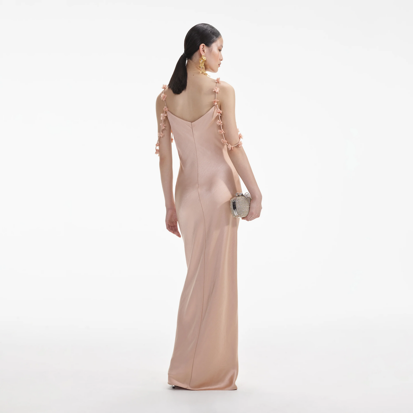 SP Satin Flower Maxi Dress in Rose Gold, Green, Yellow