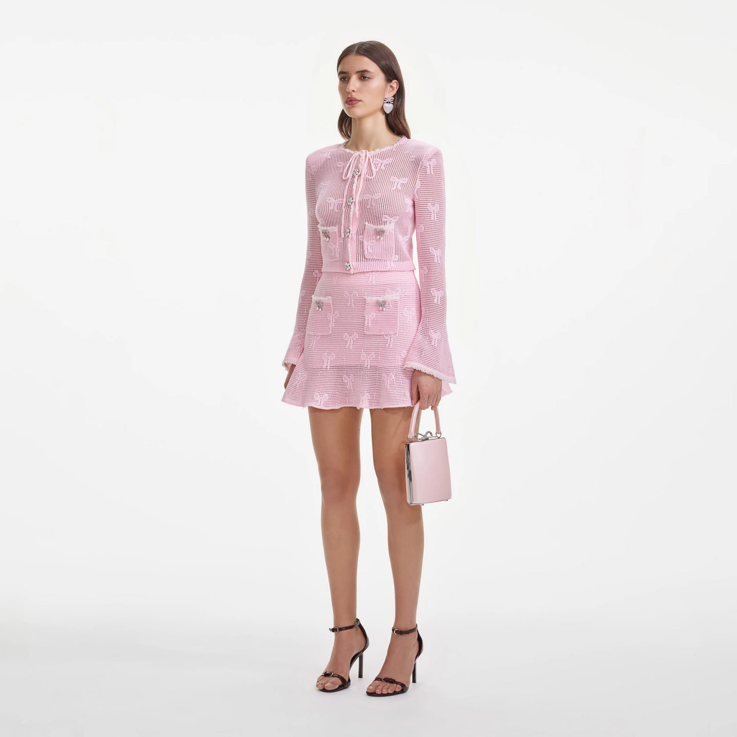 SP Pink Bow Crochet Cardigan | Mini Skirt | Set
