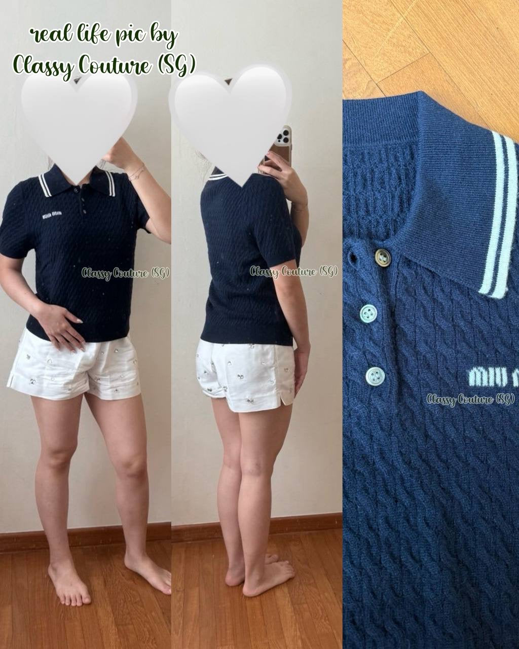 MM Embroidered Logo Cashmere Polo Shirt in Navy Blue