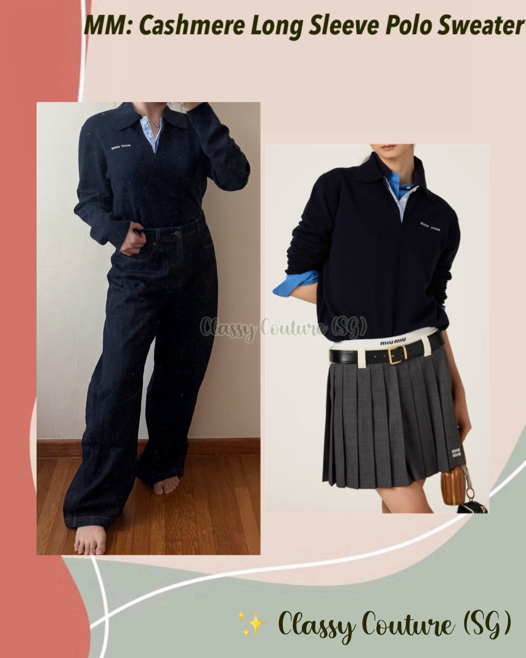 MM Cashmere Long Sleeve Polo Sweater in Navy