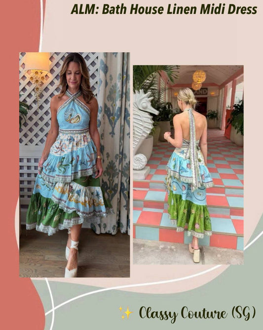 ALM Bath House Tiered Halter Linen Midi Dress