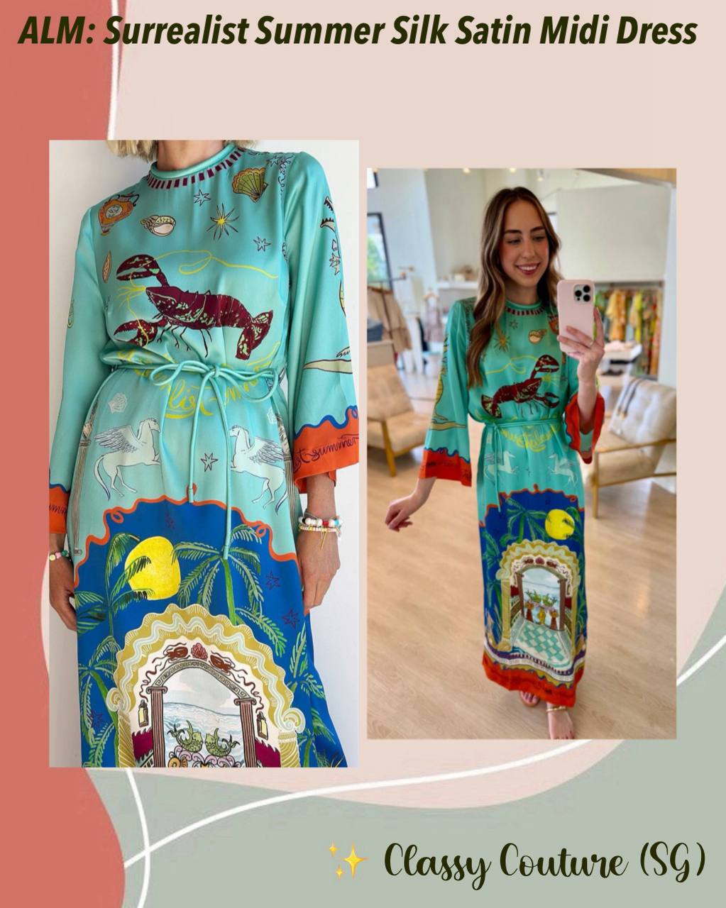 ALM Surrealist Summer Silk Satin Midi Maxi Dress