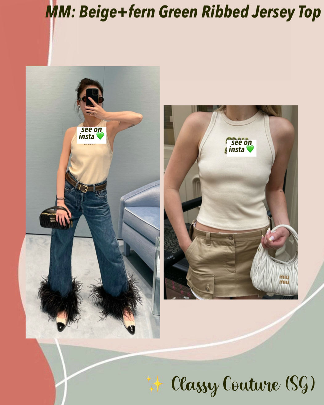 MM Beige+fern Green Ribbed Cotton-blend Jersey Top With Embroidered Logo