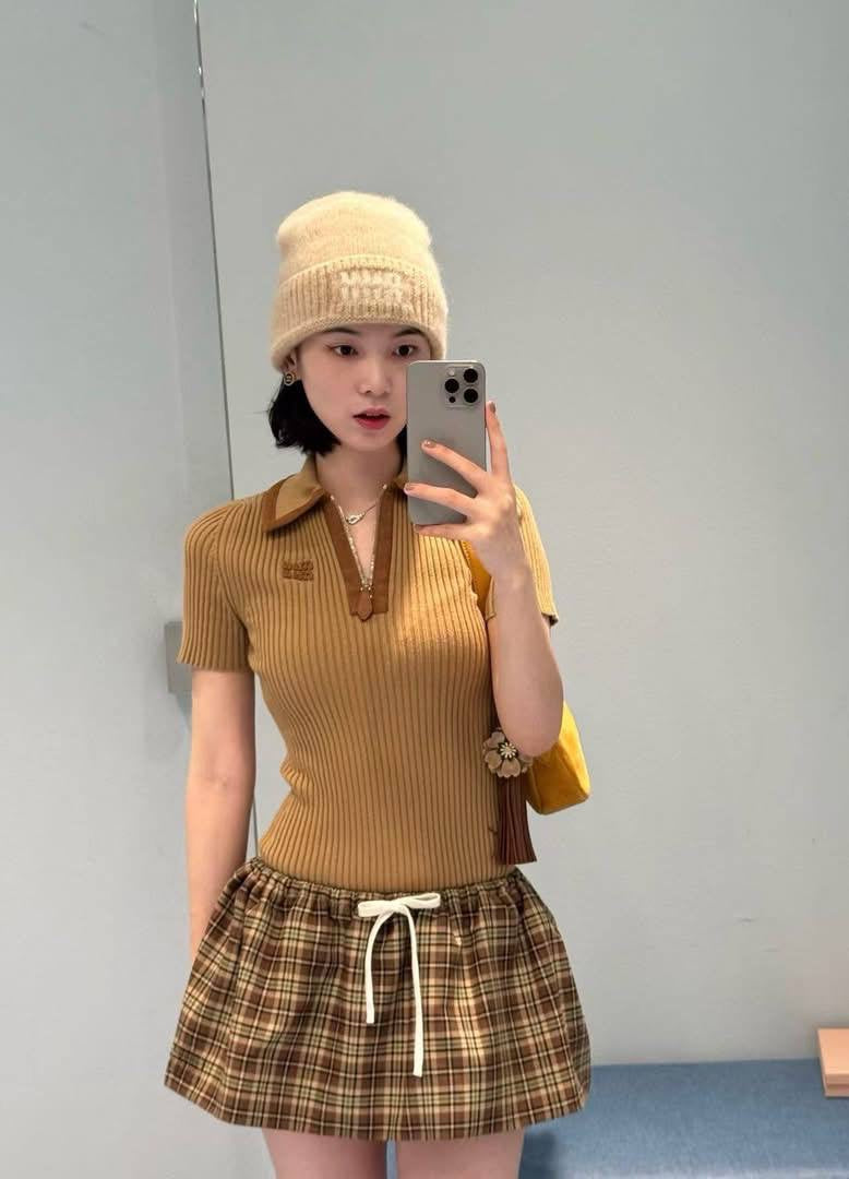 MM Ribbed Knit Cashmere Quarter-zip Polo Sweater Short Sleeve Top