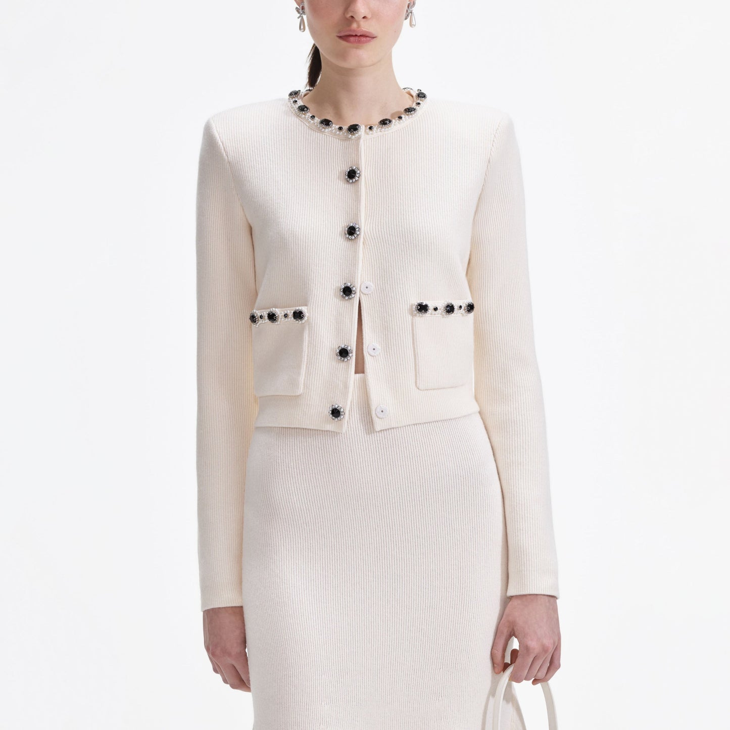 SP Cream Embellished Cardigan | Cream Flared Knit Midi Skirt | Set