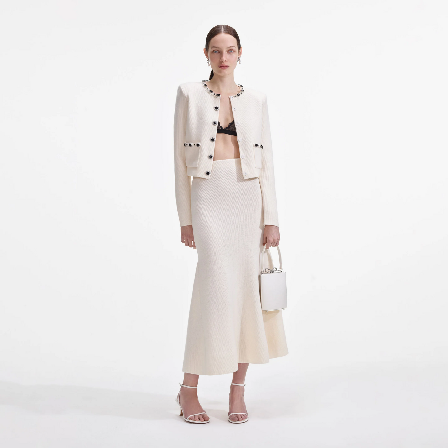 SP Cream Embellished Cardigan | Cream Flared Knit Midi Skirt | Set