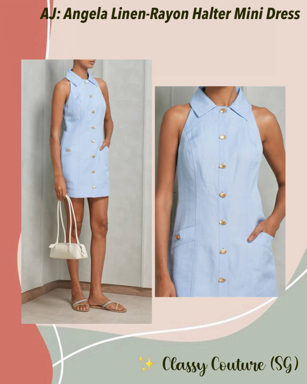 AJ Angela Linen-Rayon Halter Mini Dress
