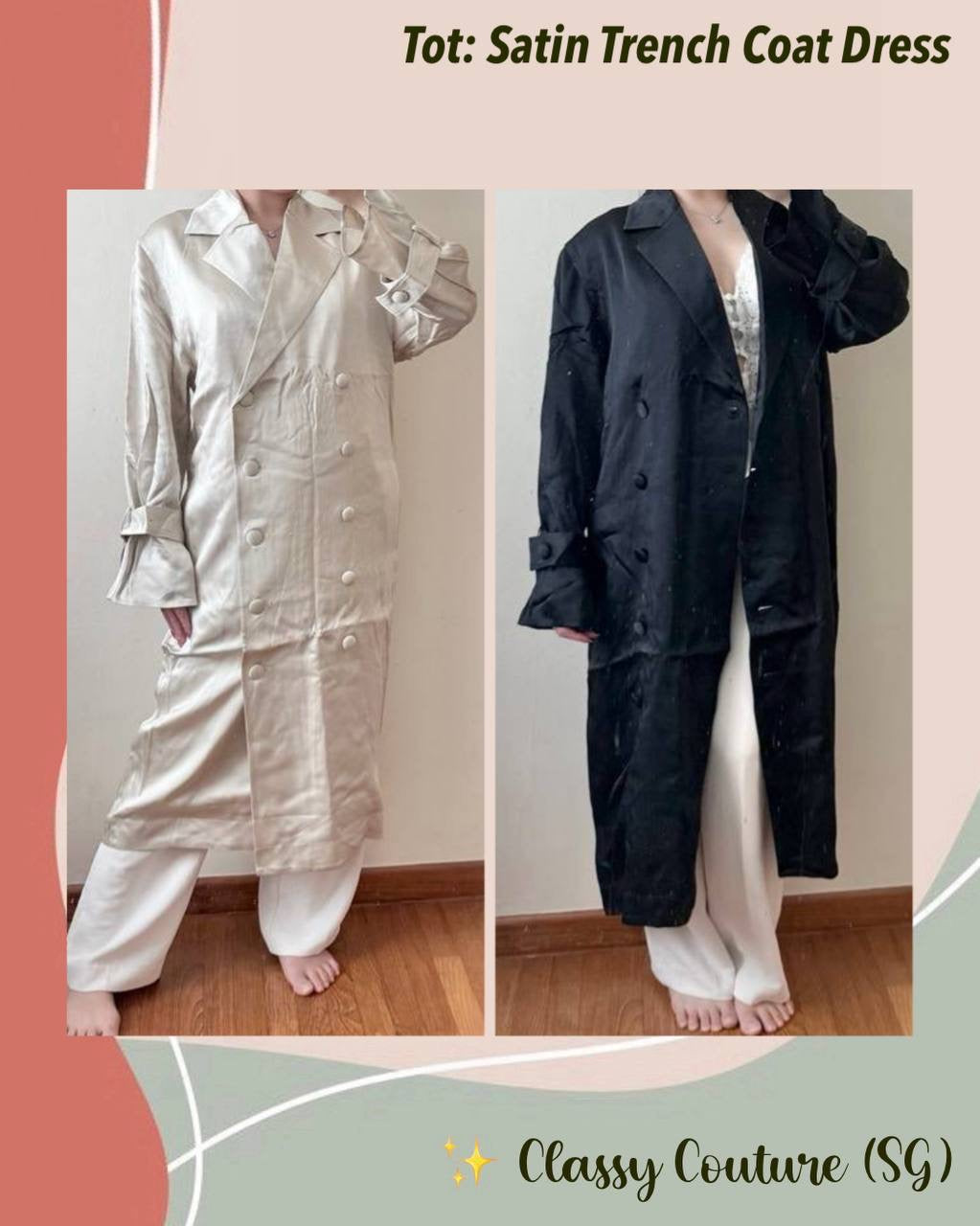 TOT Satin Long Trench Coat Midi Dress