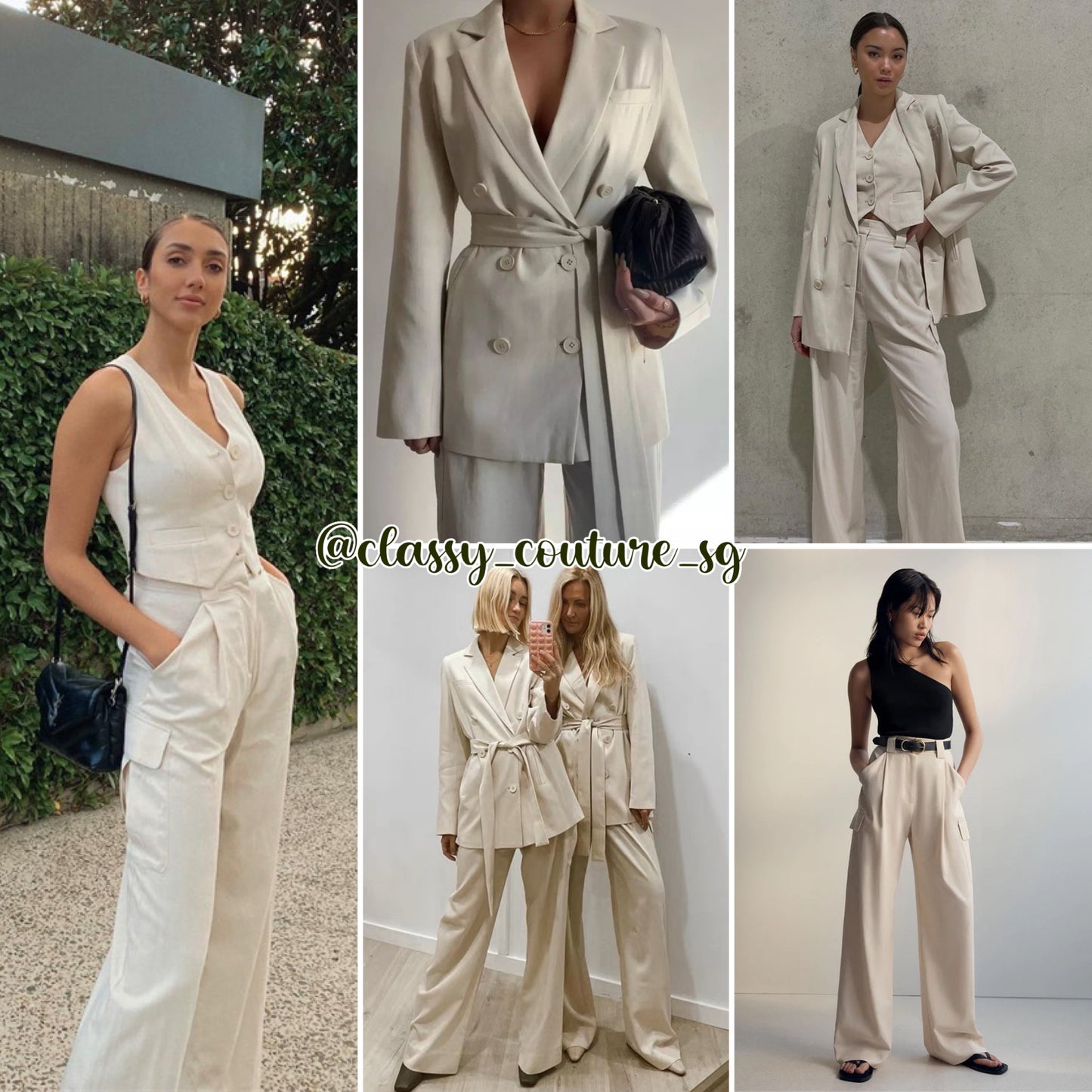 SJ Sara Tailored Fitted Vest | Blazer | Utility Relaxed Pant | Crema white, Tapenade | top pants set