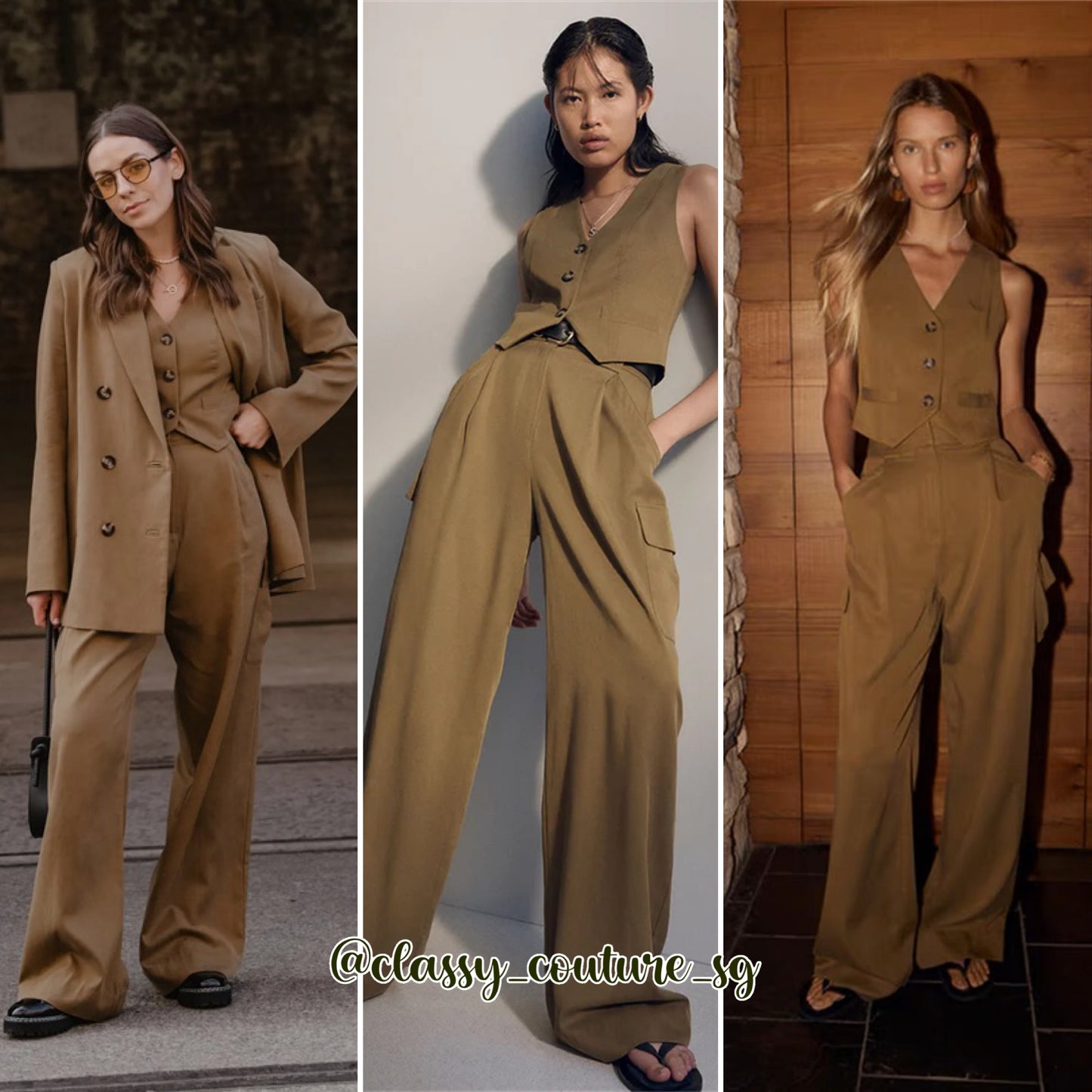 SJ Sara Tailored Fitted Vest | Blazer | Utility Relaxed Pant | Crema white, Tapenade | top pants set