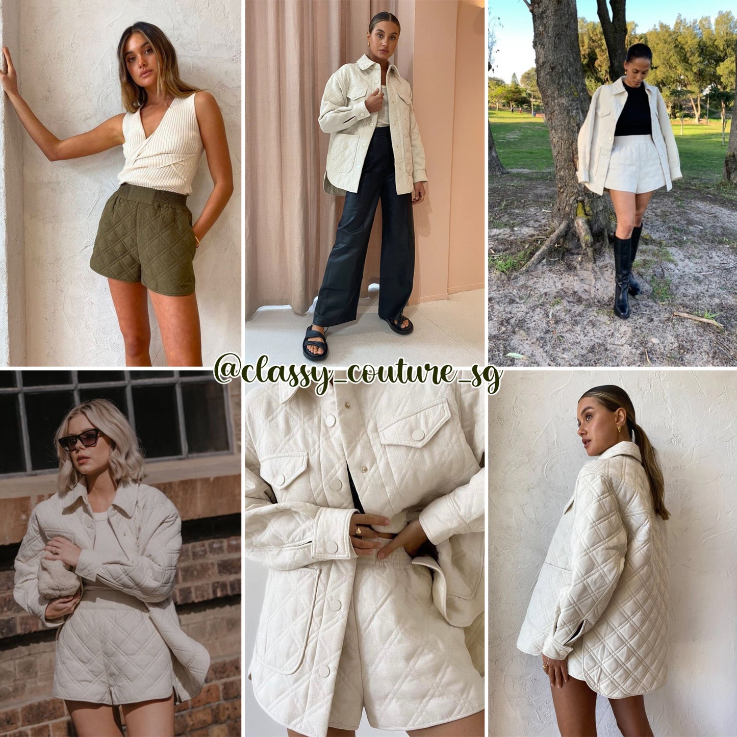 SJ Alessia Oversized Quilted Jacket | Shorts | Chalk white Bayleaf green Set