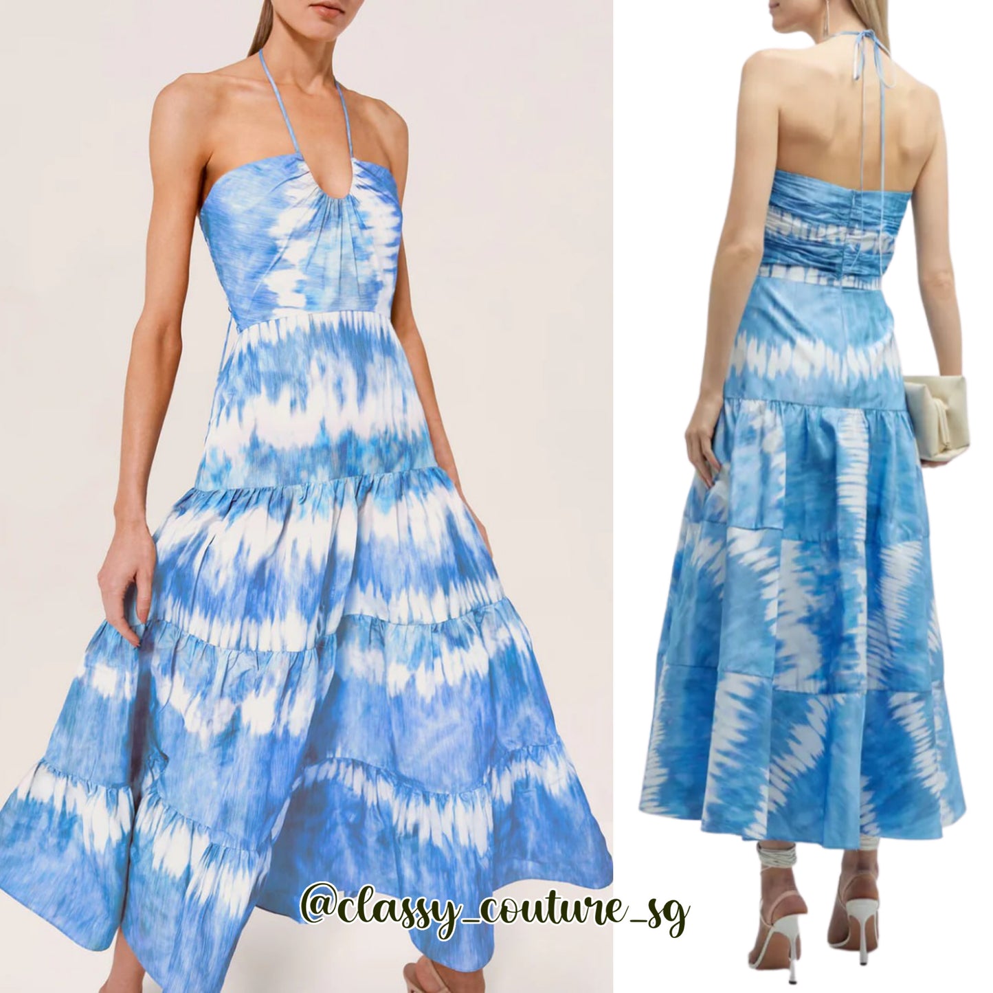 Alx Roberta Midi Dress | Tie dye blue white halter