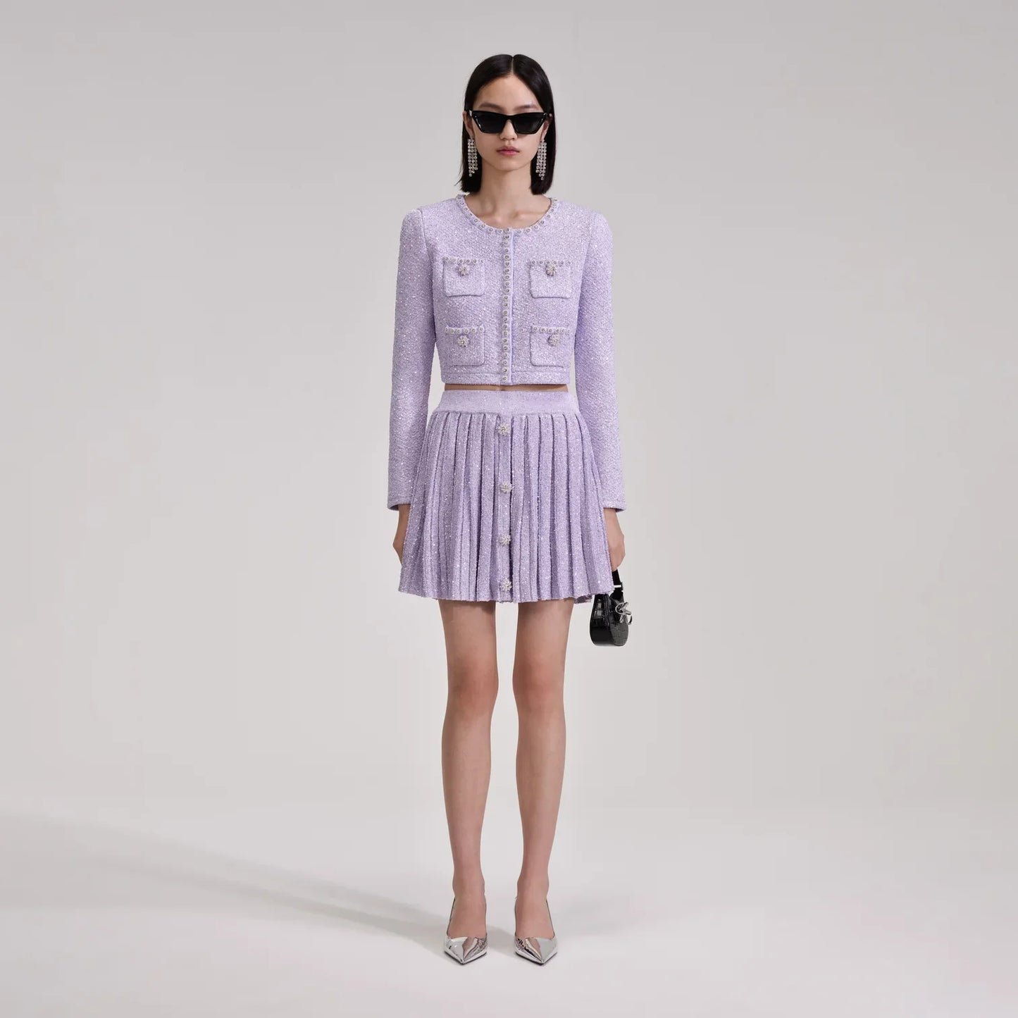 SP Lilac Sequin Knit Cardigan | Pleated Knit Skirt | cropped mini Set