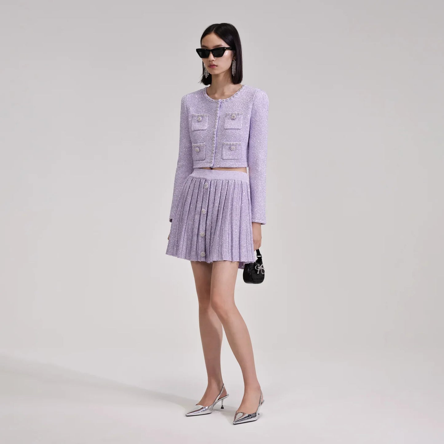 SP Lilac Sequin Knit Cardigan | Pleated Knit Skirt | cropped mini Set