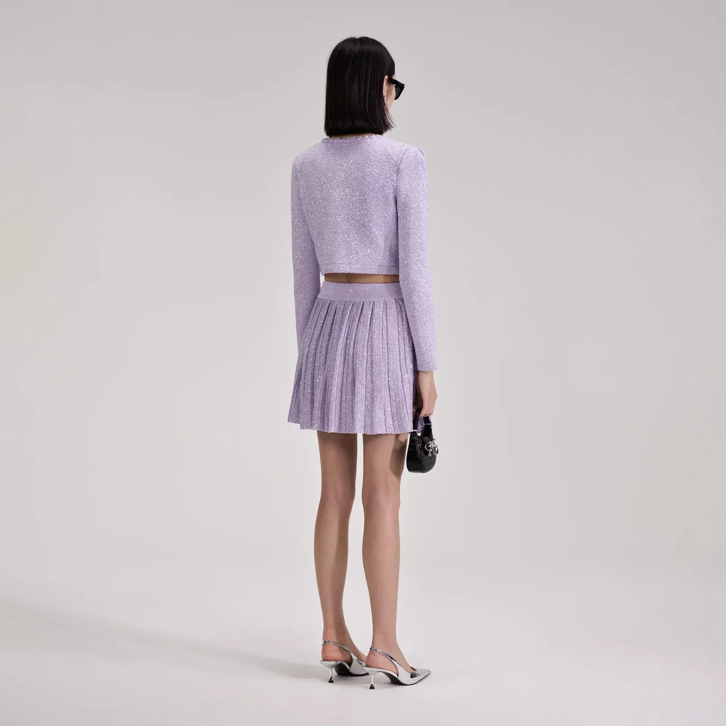 SP Lilac Sequin Knit Cardigan | Pleated Knit Skirt | cropped mini Set