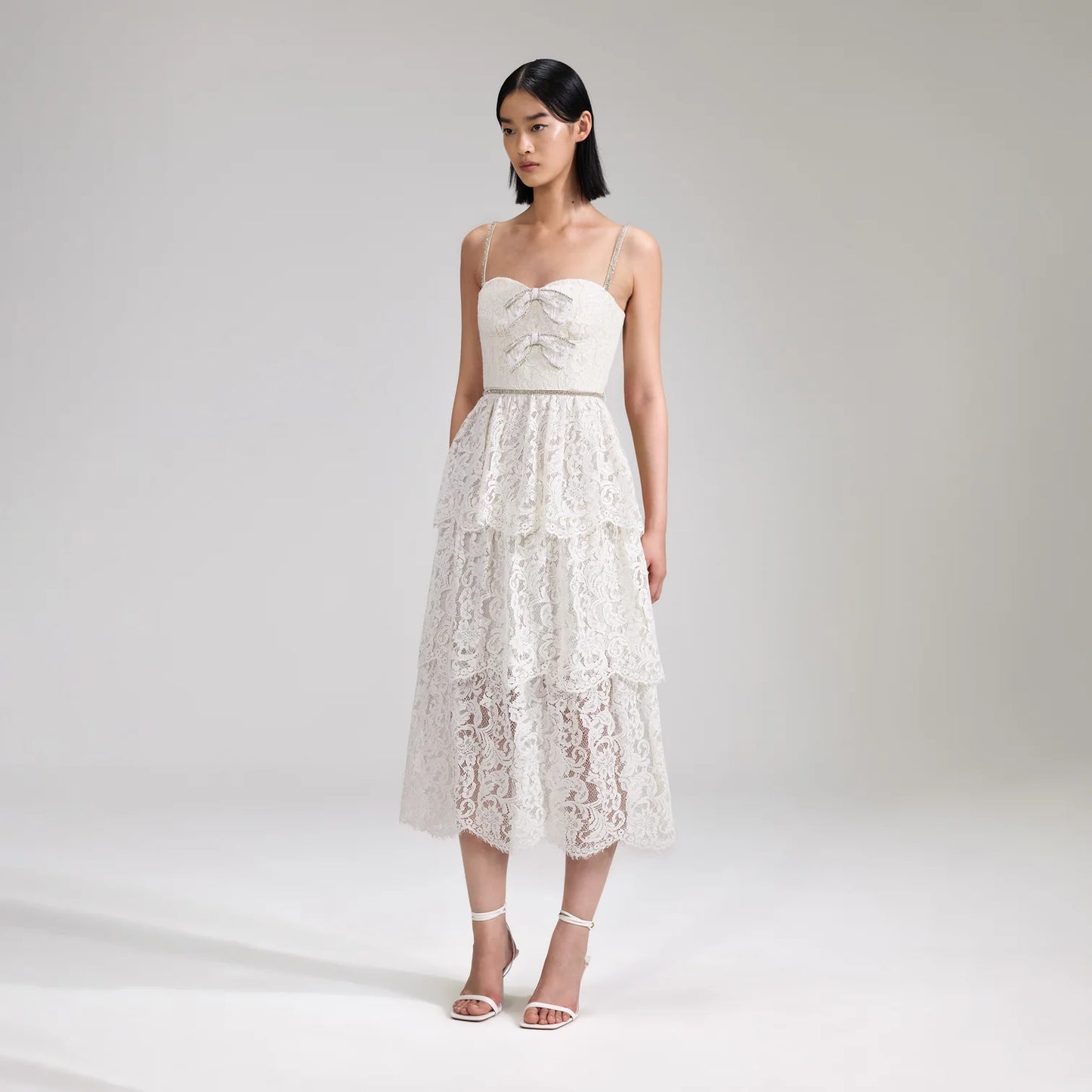 SP Cream Cord Lace Tiered Midi Dress