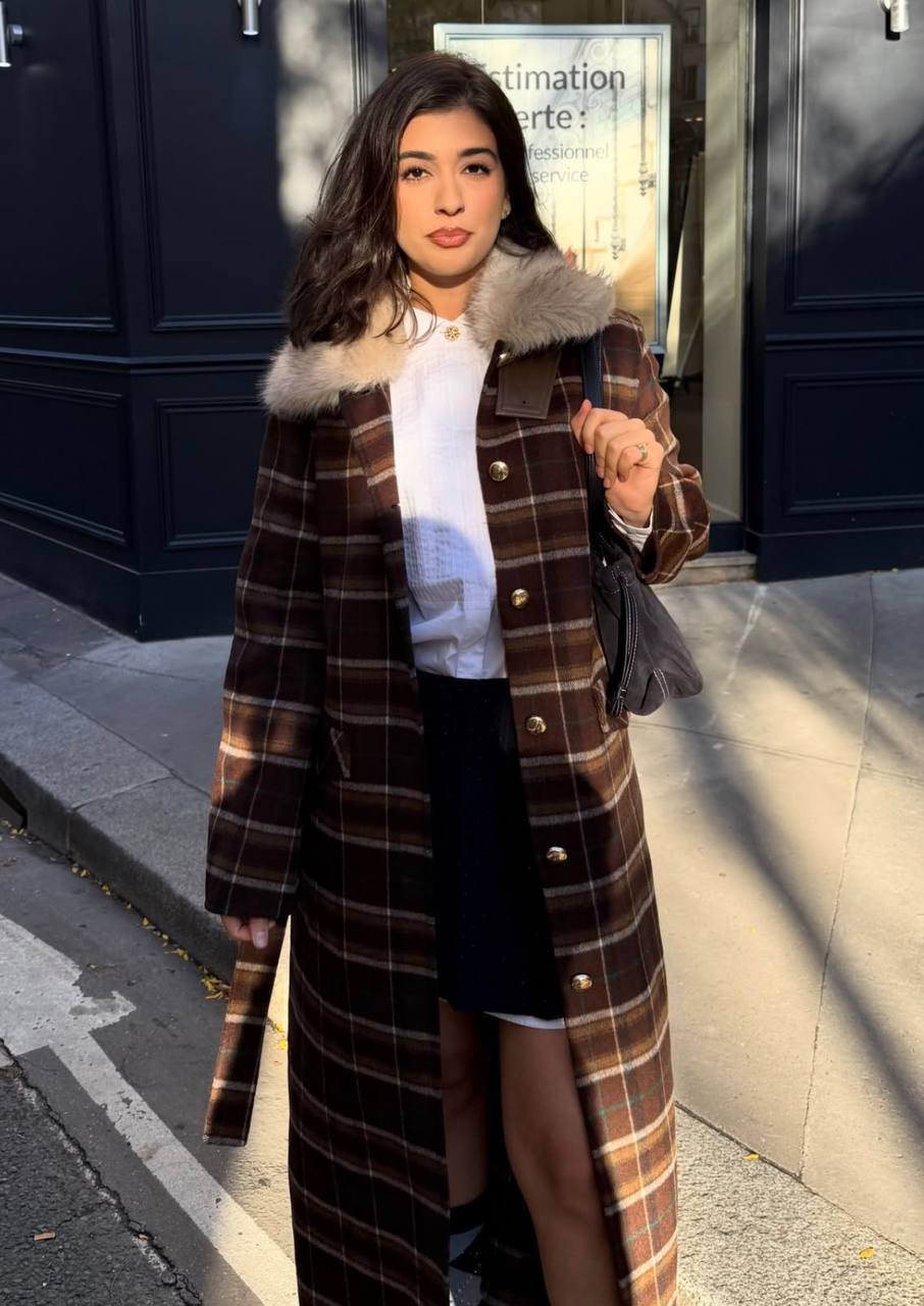 Checked Faux-Fur Collar Coat