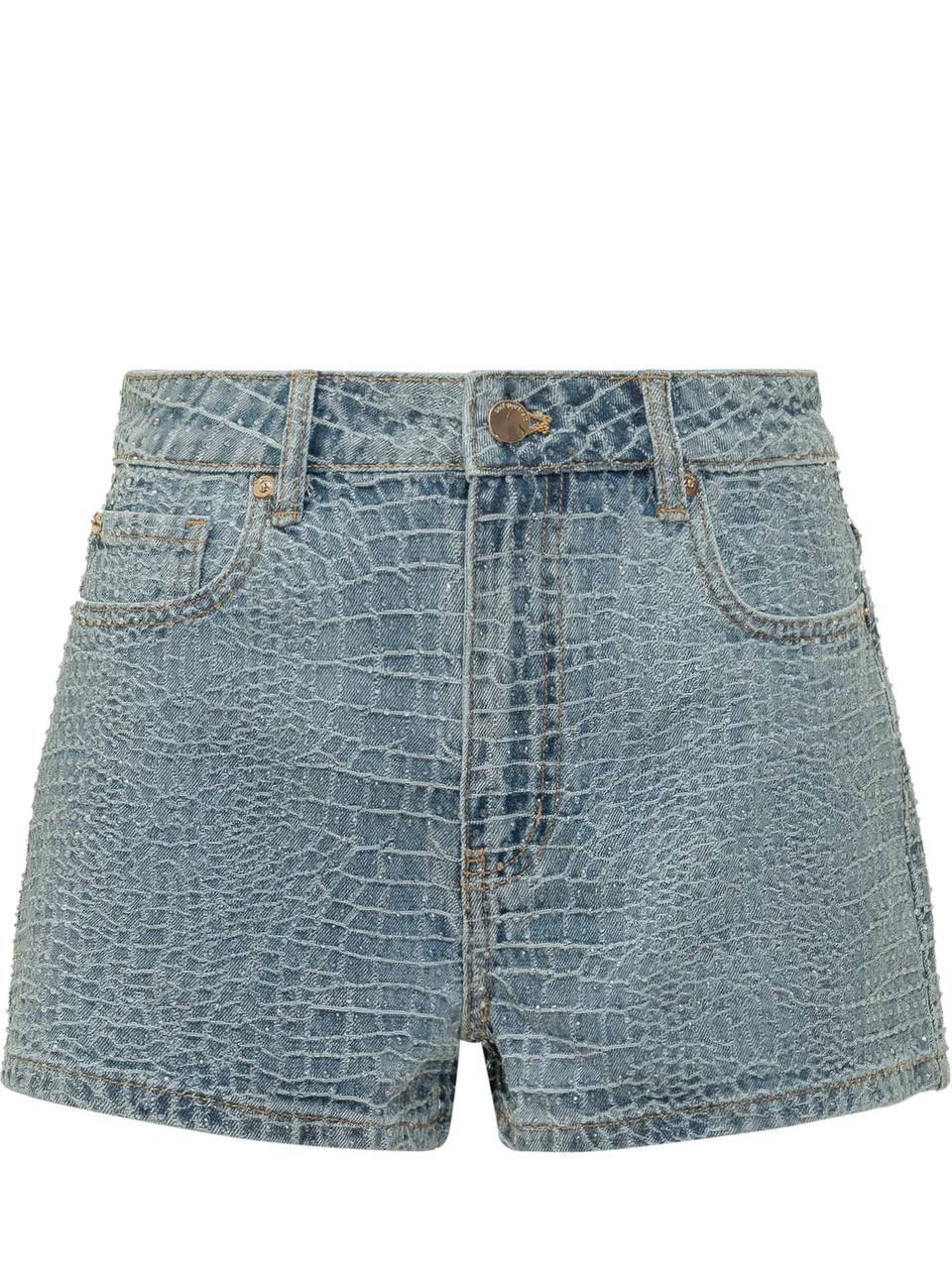 SP Croc-Embossed Rhinestone Cotton Denim Shorts