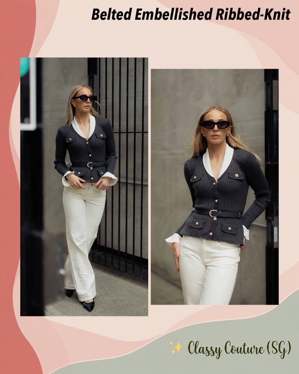 Belted Embellished Ribbed-Knit - Image 1