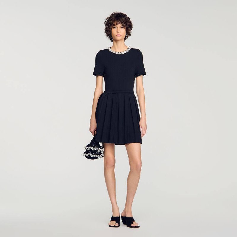Black Short Sleeve Beaded Flowers Flared Viscose-blend Mini Dress