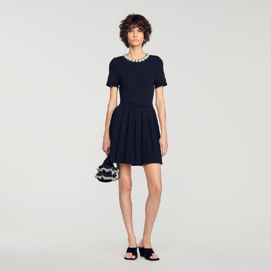 Black Short Sleeve Beaded Flowers Flared Viscose-blend Mini Dress