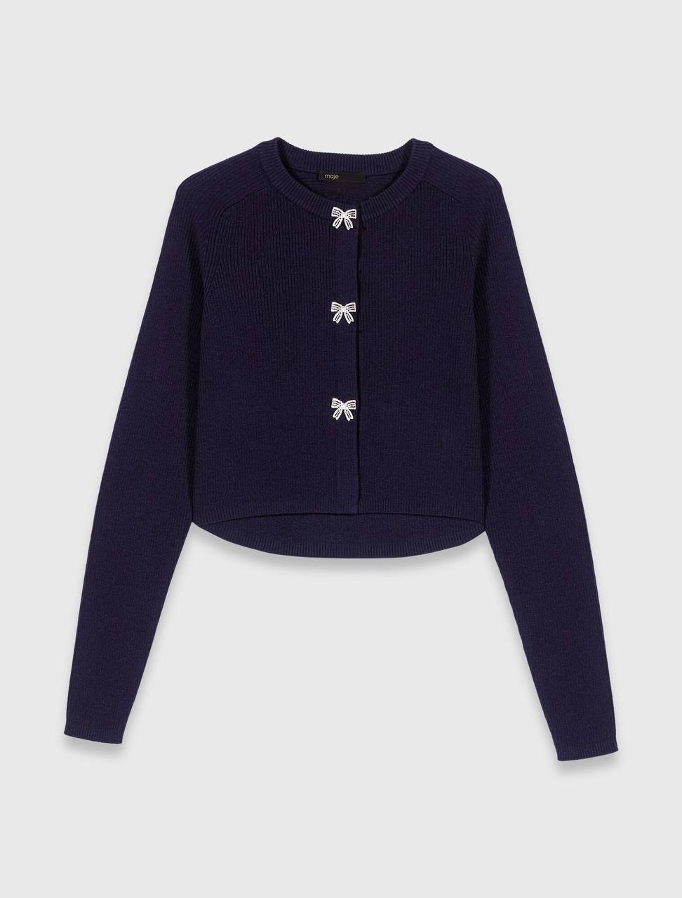 Jewelled Bow-Button Wool Cardigan in Cream & Navy