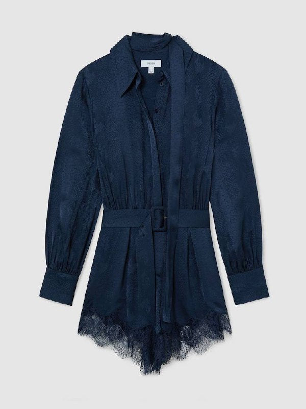 Navy Marlow Jacquard Lace-Trim Scarf-Neck Playsuit