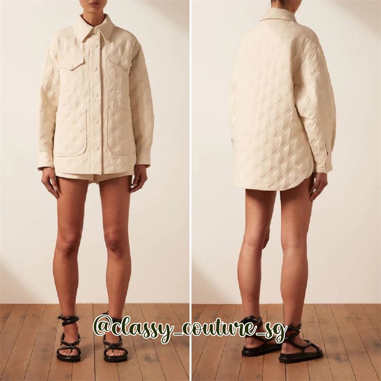 SJ Alessia Oversized Quilted Jacket | Shorts | Chalk white Bayleaf green Set