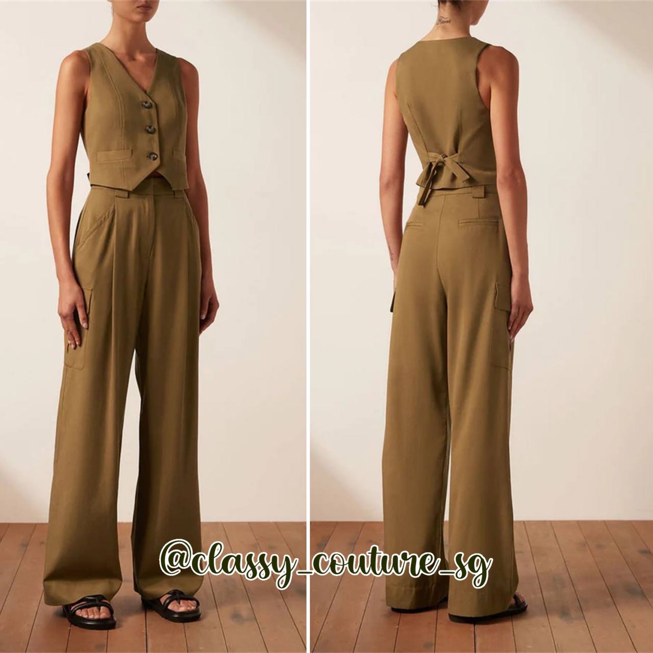 SJ Sara Tailored Fitted Vest | Blazer | Utility Relaxed Pant | Crema white, Tapenade | top pants set