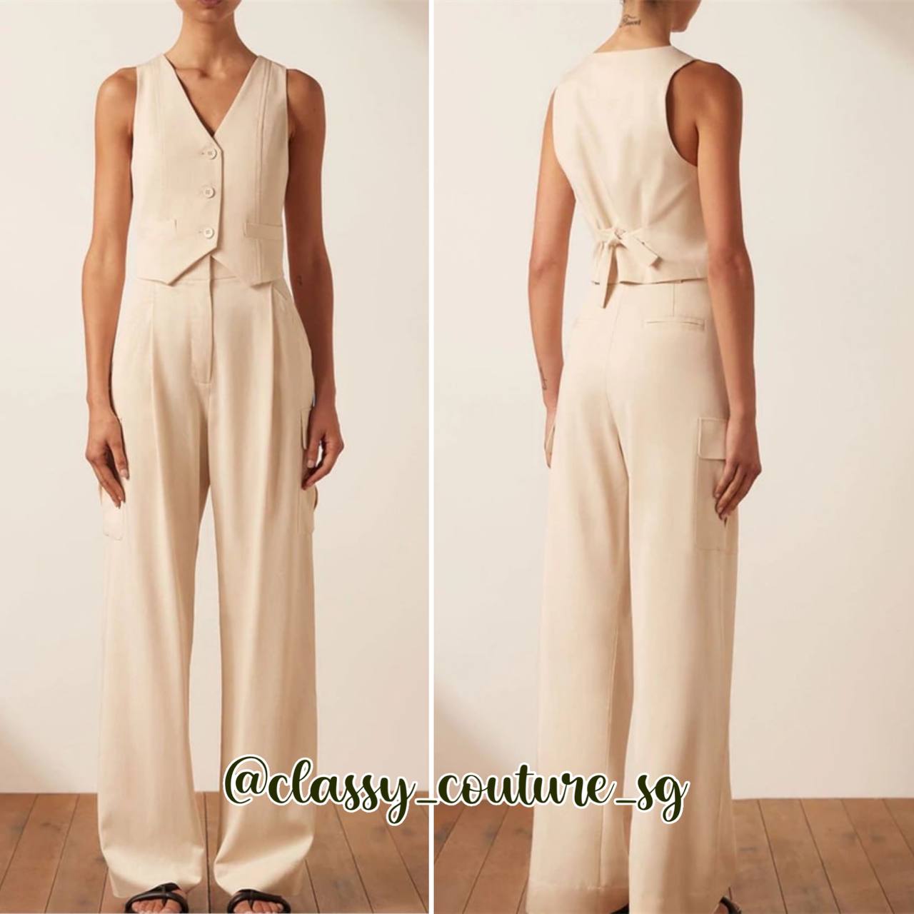 SJ Sara Tailored Fitted Vest | Blazer | Utility Relaxed Pant | Crema white, Tapenade | top pants set