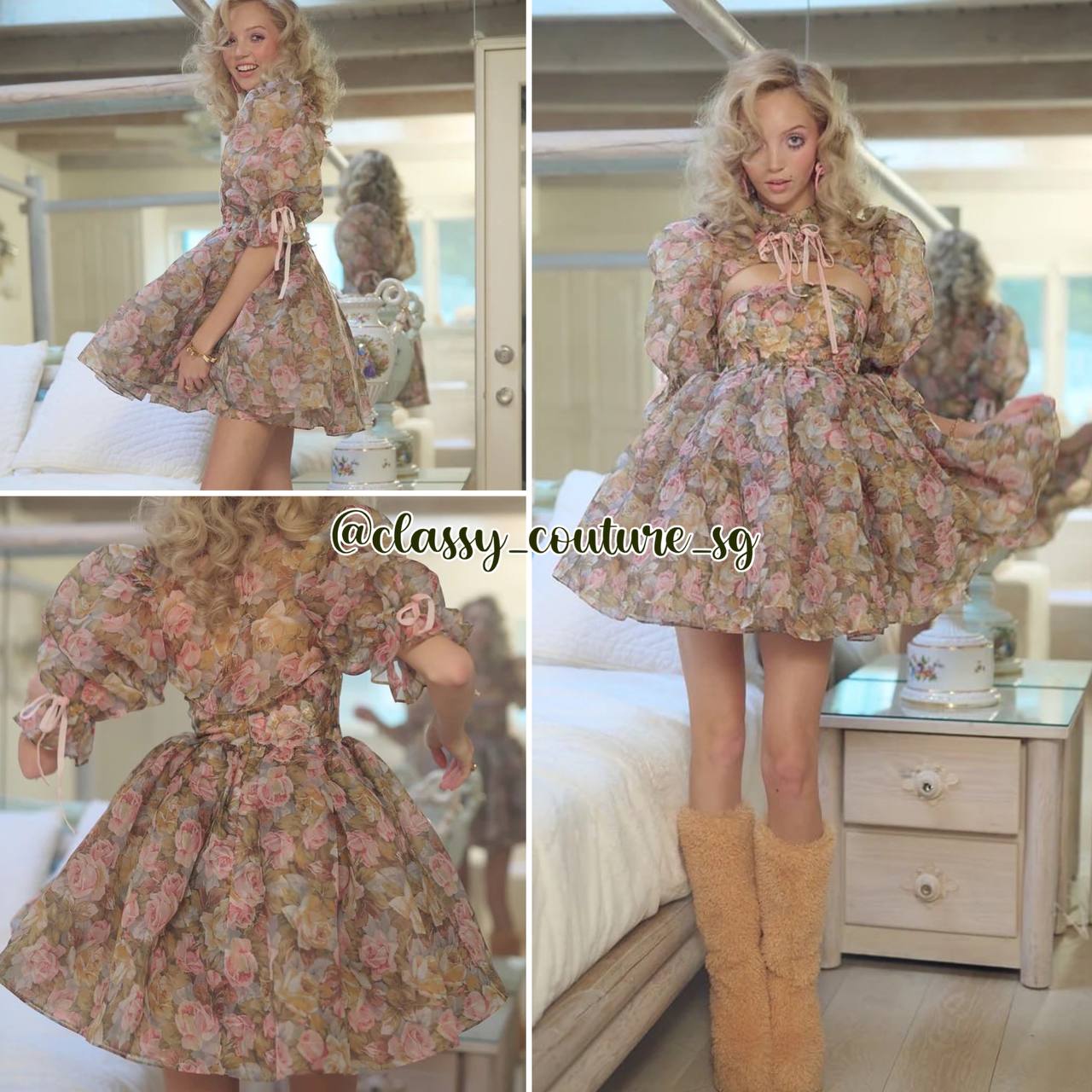 Sk Shrug Puff Mini Dress | Porcelain blue and Jardin De Fleurs pink/brown