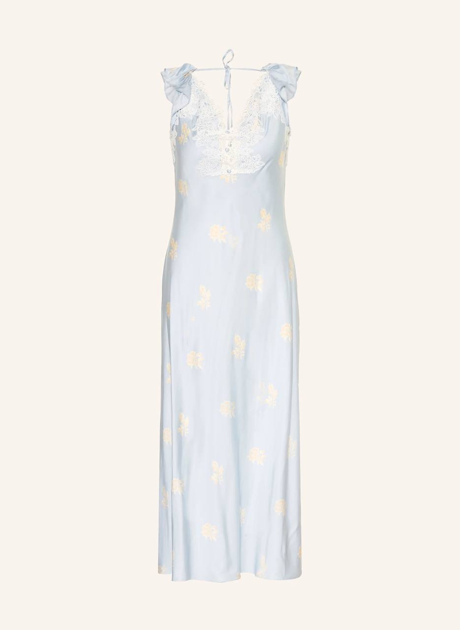 CP Viscose Satin Blue Floral Print Lace-front Maxi Dress