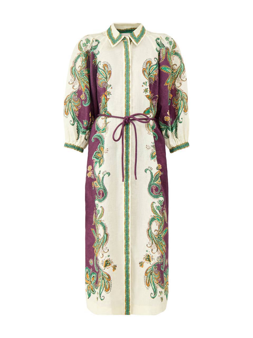 ALM002 Plum/Green Paisley Linen Shirtdress Mini Dress | Midi Dress