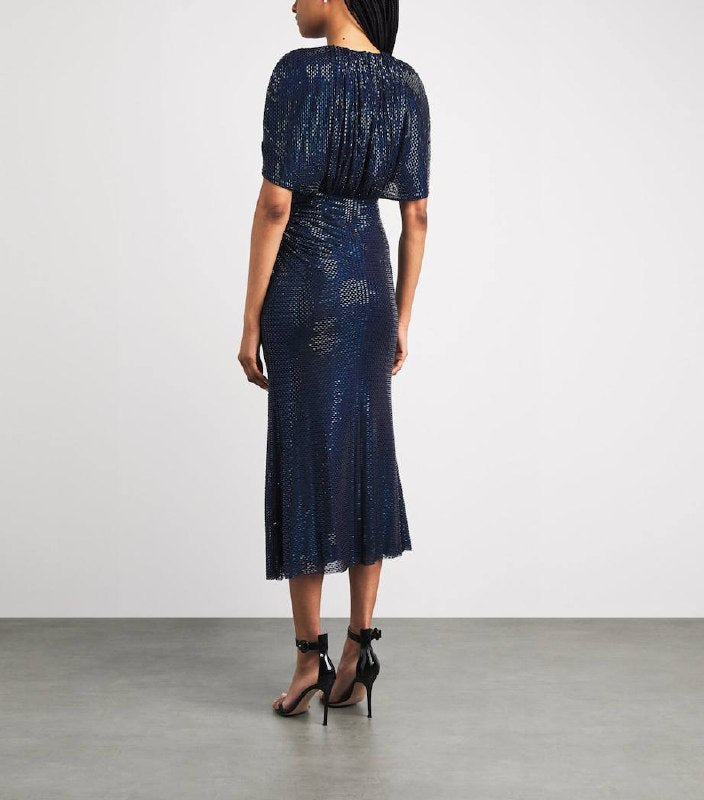 SP Navy Rhinestone Cape Sleeve Midi Dress