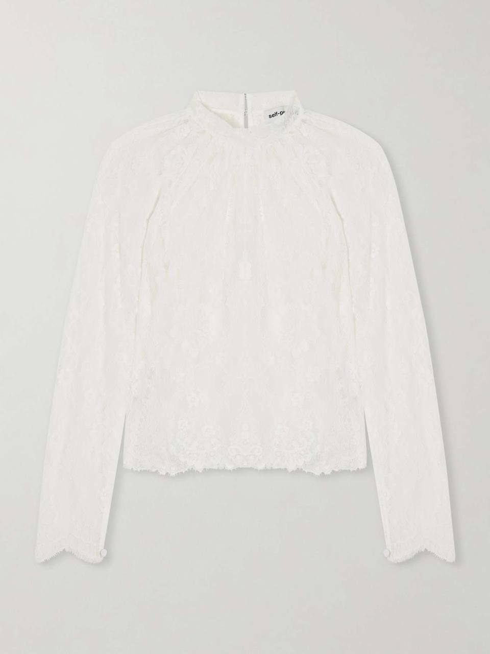 SP White Scalloped-hem Sheer Lace Long Sleeve Blouse Top
