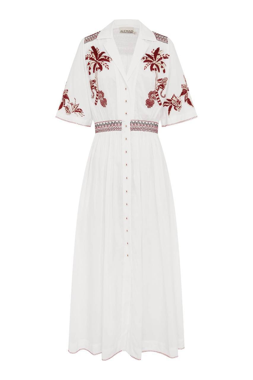 ALM016 White/Maroon Contrast Embroidered Cotton-silk Shirtdress Midi Maxi Dress