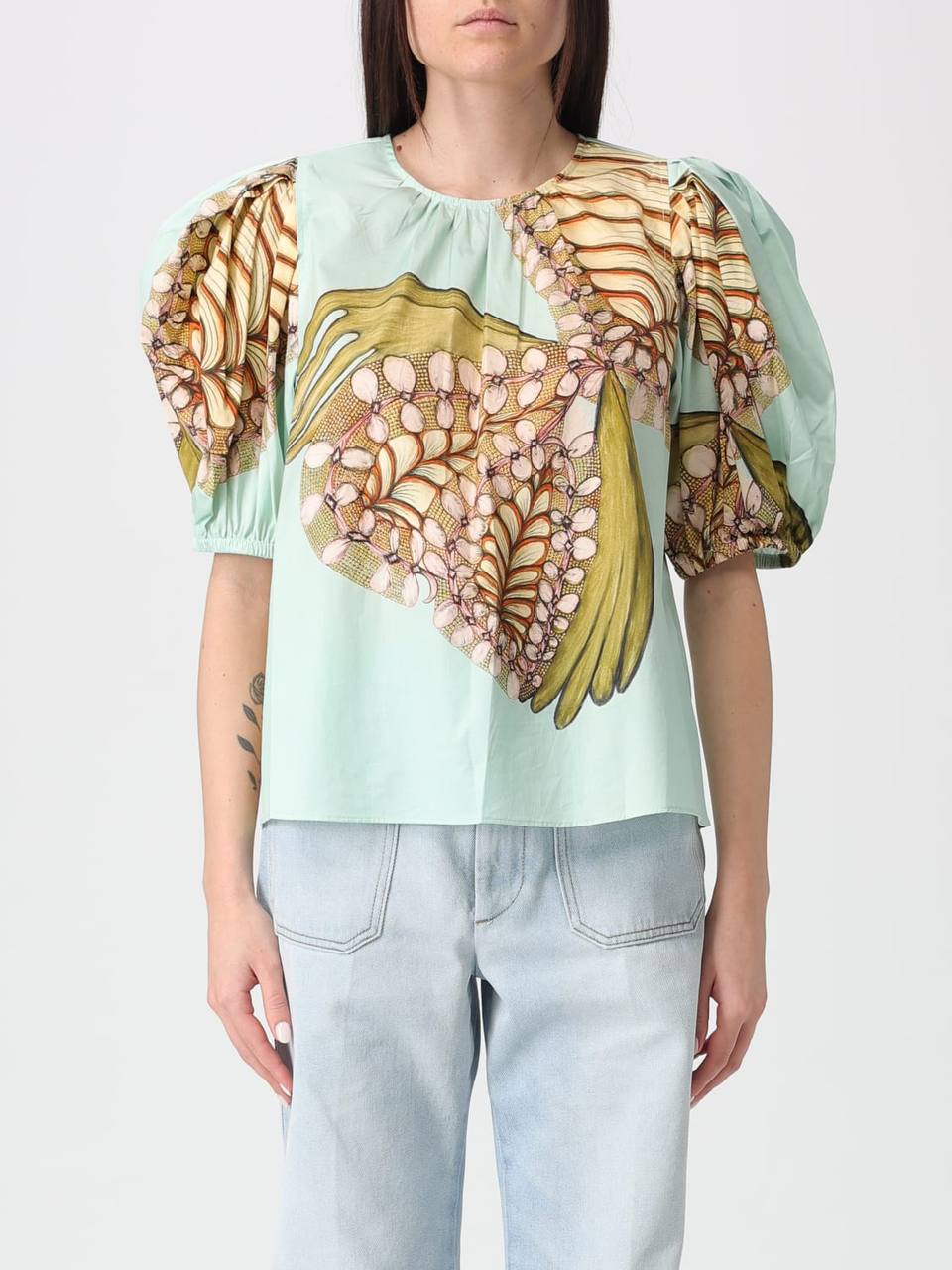 UJ Ravena Printed Cotton Puff-sleeve Blouse Top