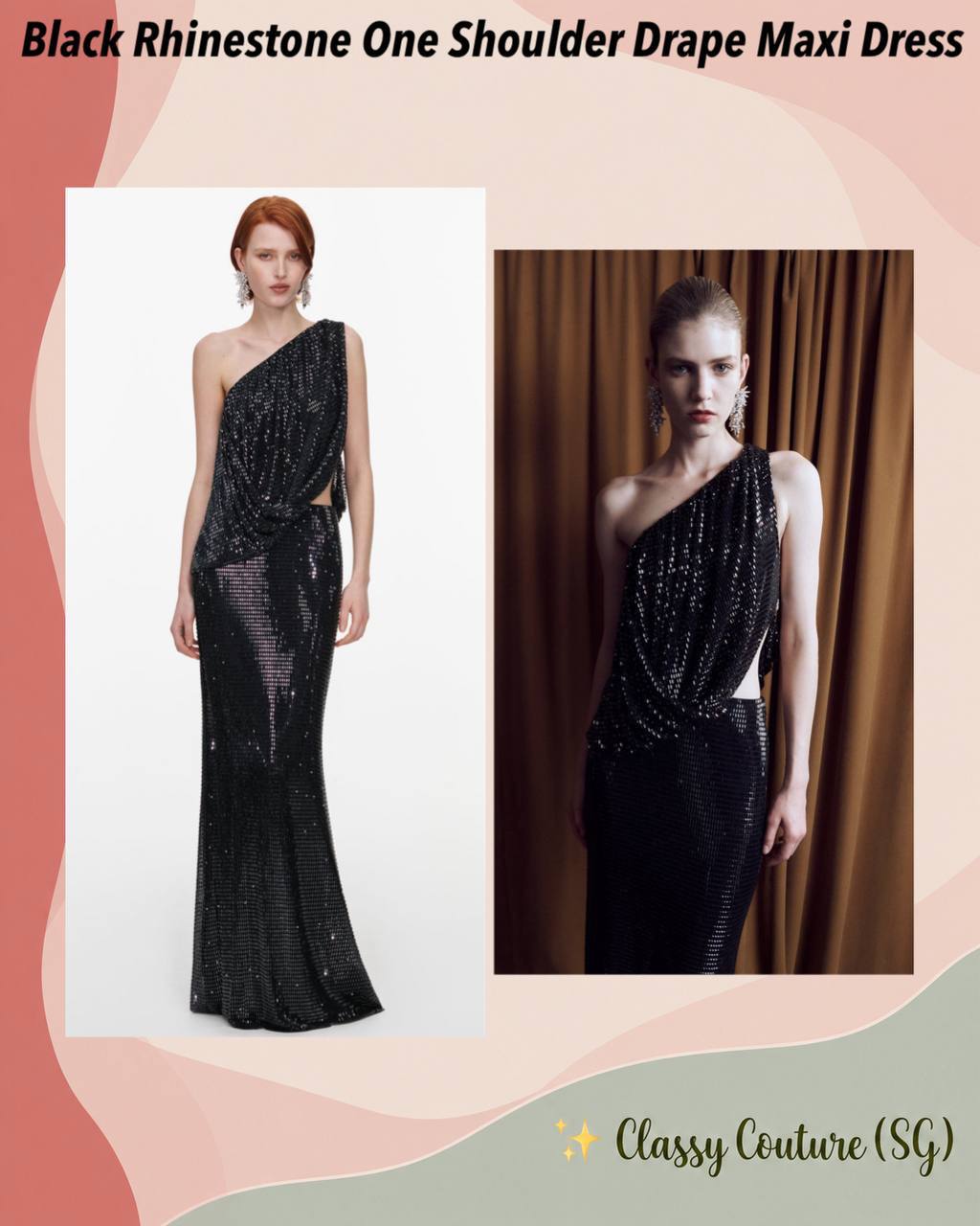 Black Rhinestone One Shoulder Drape Maxi Dress