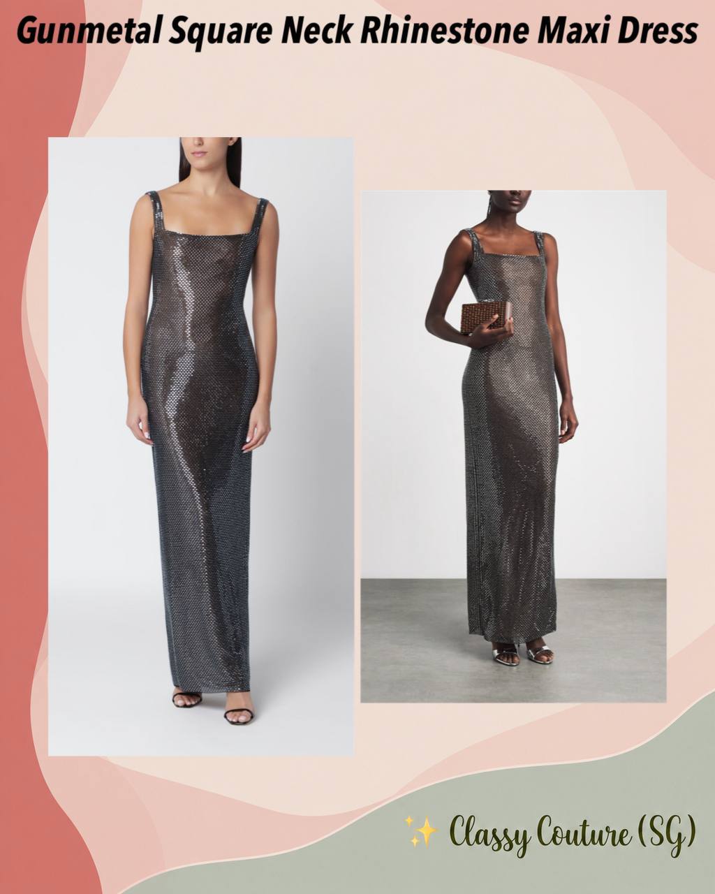 Gunmetal Square Neck Rhinestone Maxi Dress