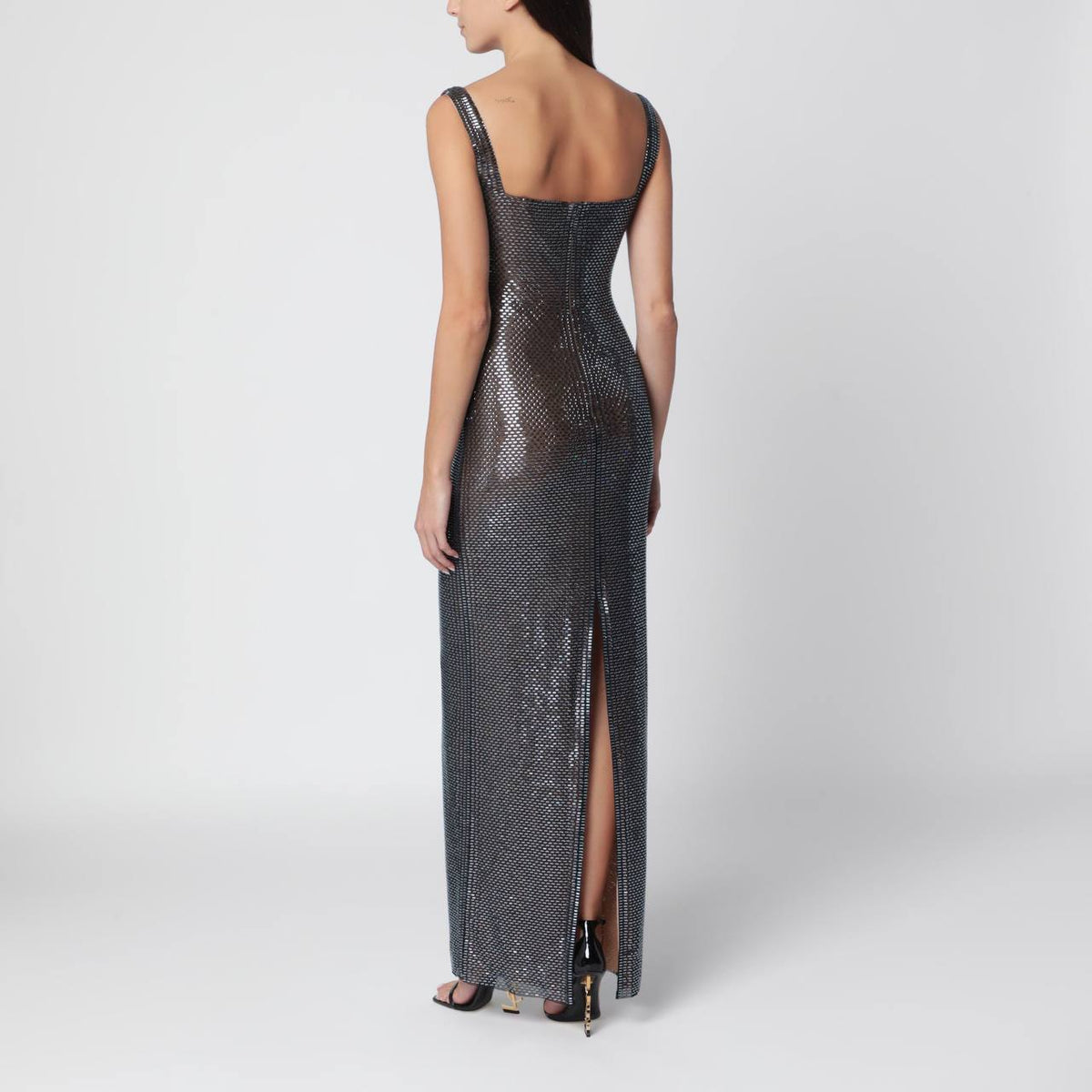 Gunmetal Square Neck Rhinestone Maxi Dress