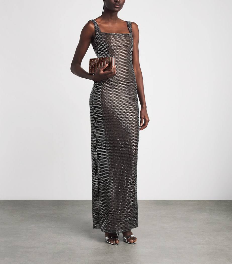 Gunmetal Square Neck Rhinestone Maxi Dress