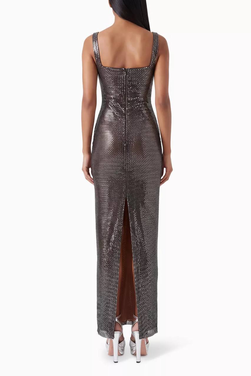 Gunmetal Square Neck Rhinestone Maxi Dress