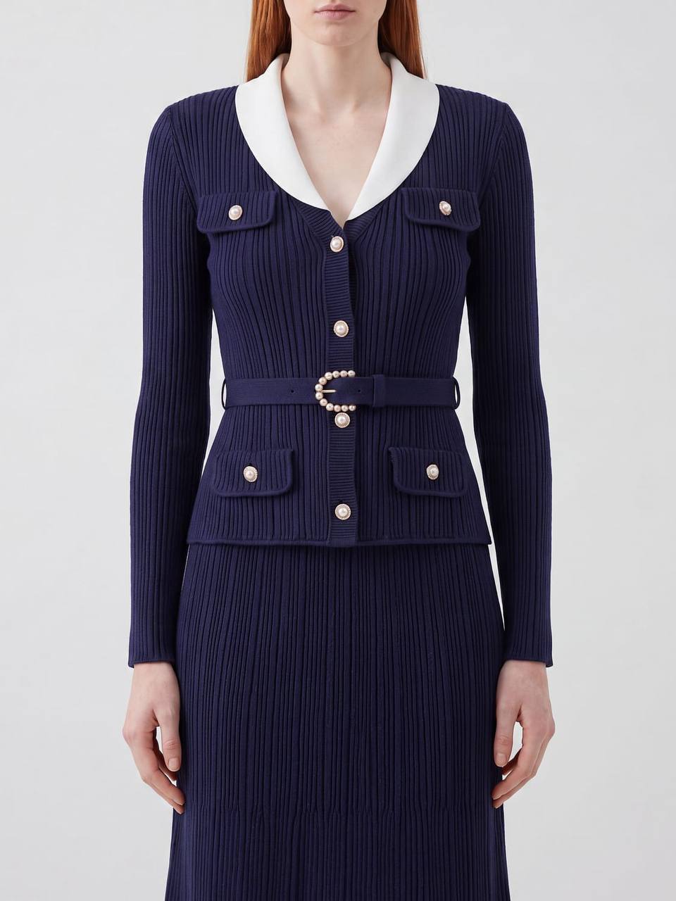 Belted Ribbed-Knit Cardigan in Navy