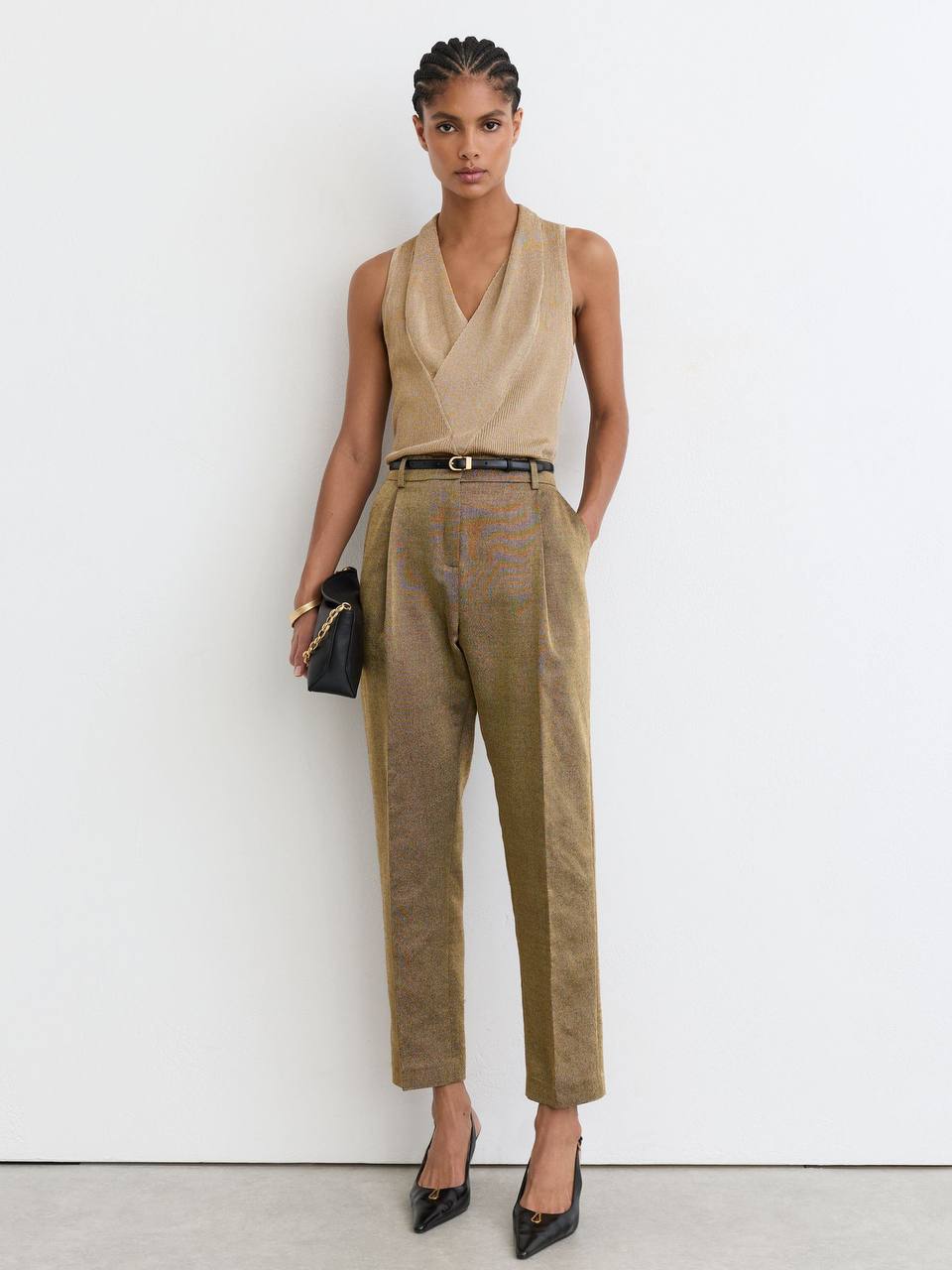 Gold Edie Metallic-Knit Cowl-Neck Sleeveless Top
