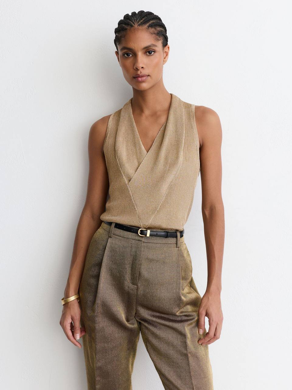 Gold Edie Metallic-Knit Cowl-Neck Sleeveless Top