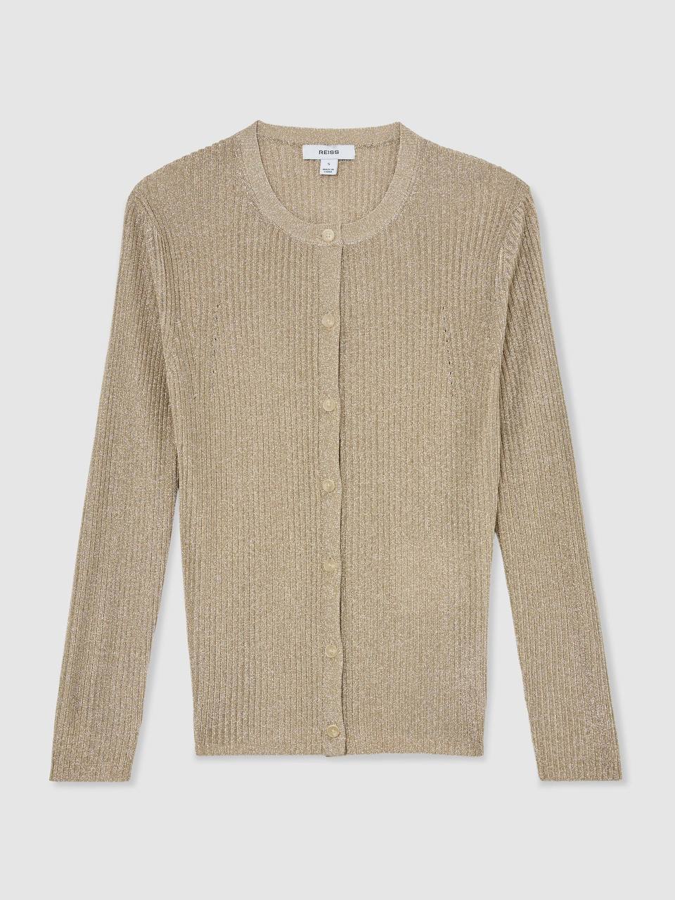 Gold Milo Metallic Rib-Knit Cardigan