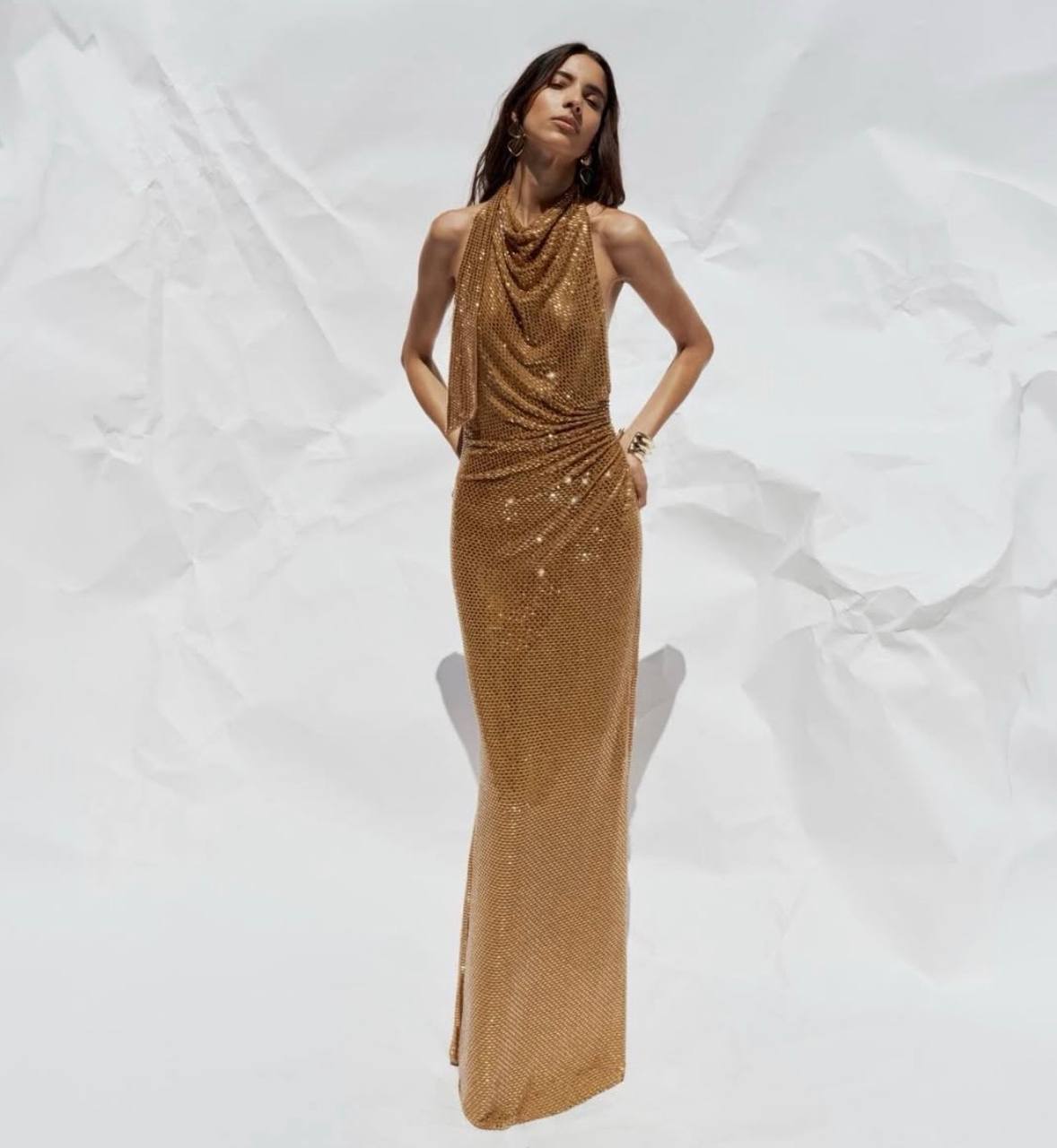Gold Rhinestone Halter Maxi Dress - Image 2